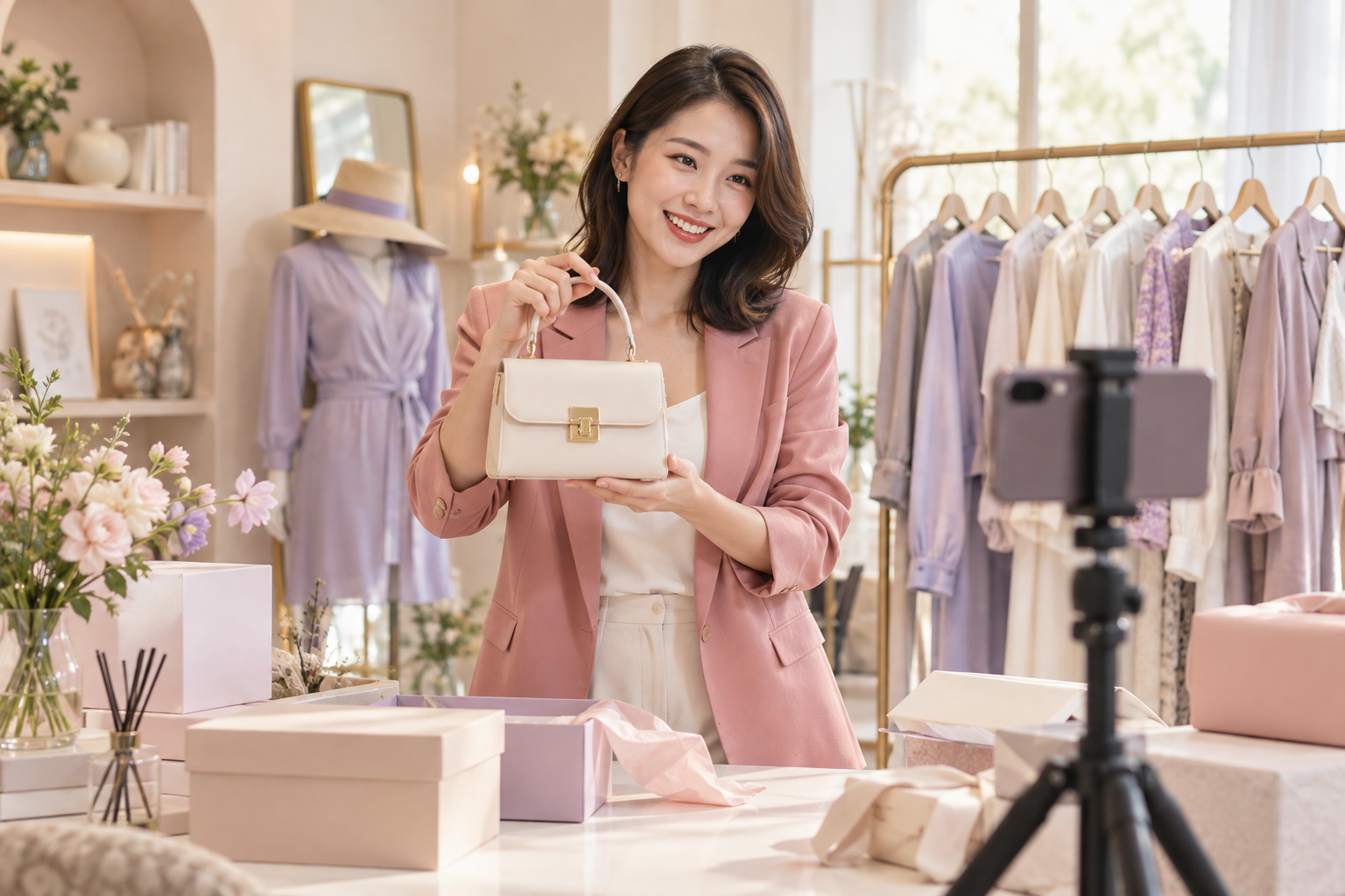 直播帶貨主持人在服飾店介紹商品